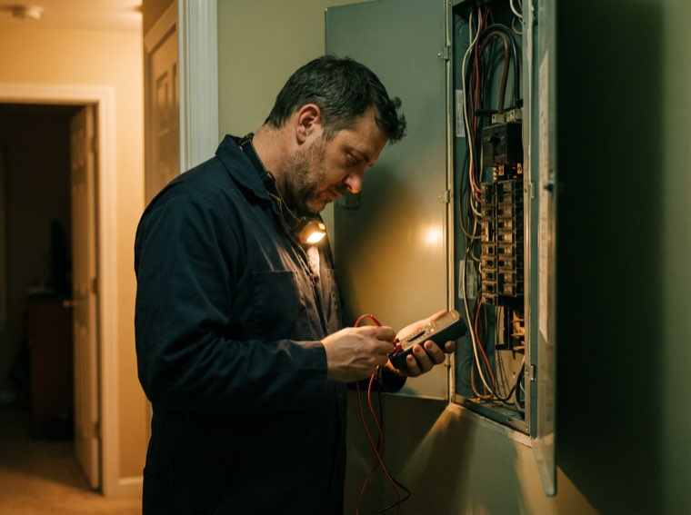 Electrician troubleshooting an electrical panel on a service call